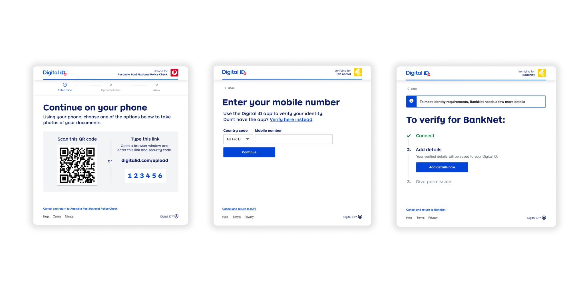 Digital iD web screens
