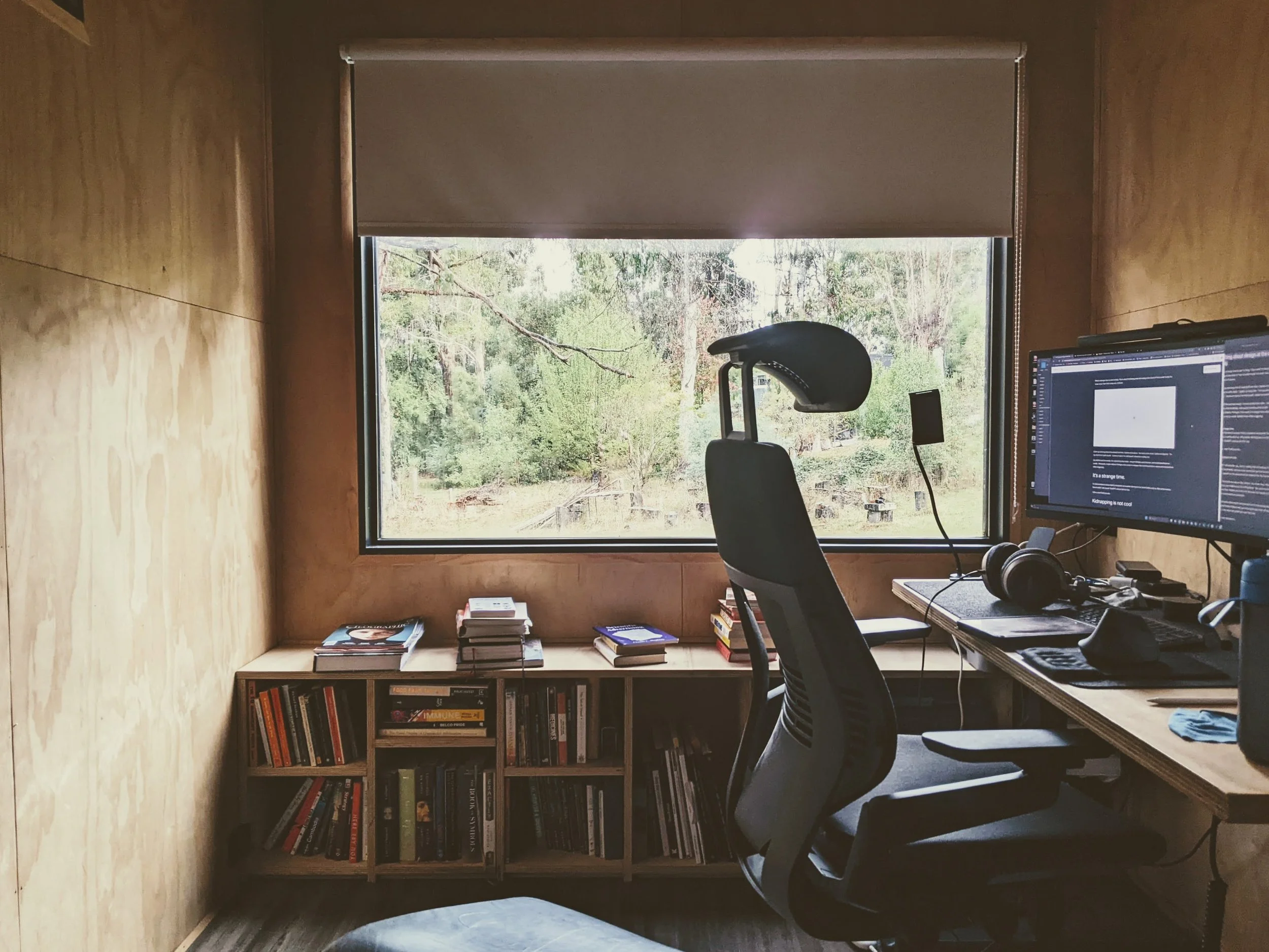 My office in the tiny house I built during lockdown